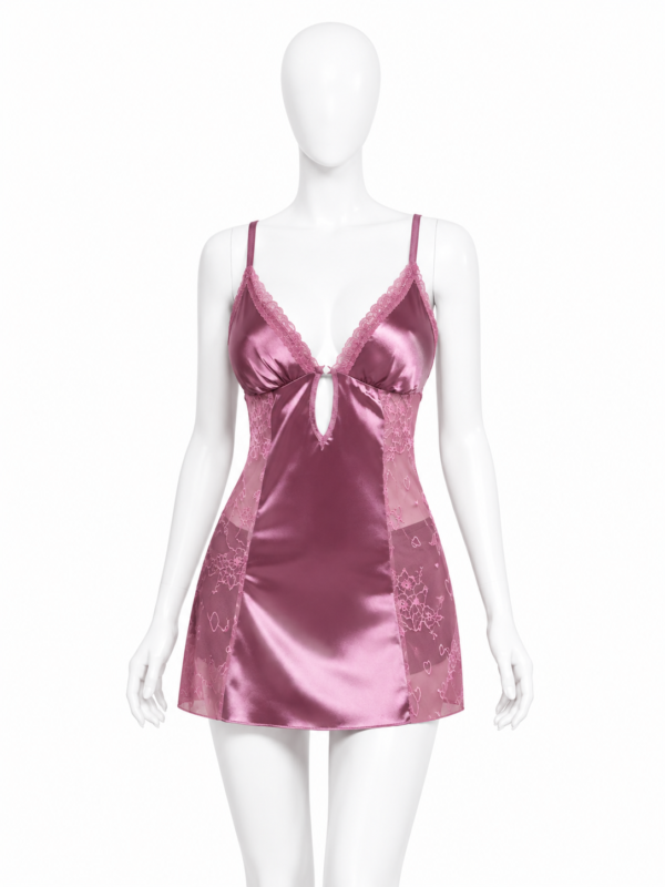 Nuisette Courte Rose Mauve Satin & Dentelle