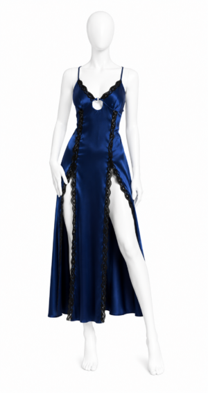 Nuisette Longue Bleu Royal Satin à Double Fente