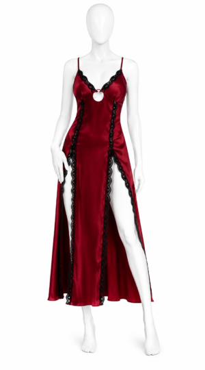 Nuisette Longue Rouge Rubis Satin à Double Fente