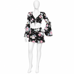 Ensemble de Nuit 2 Pièces Noir Fleuri Top Court & Jupe