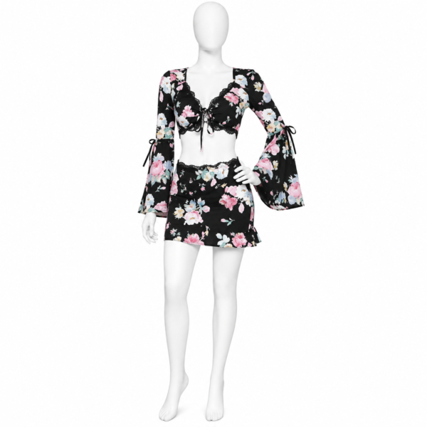 Ensemble de Nuit 2 Pièces Noir Fleuri Top Court & Jupe