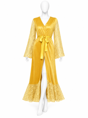 Peignoir Long Jaune Doré Velours & Dentelle Florale Peignoir Long Jaune Doré Velours & Dentelle Florale