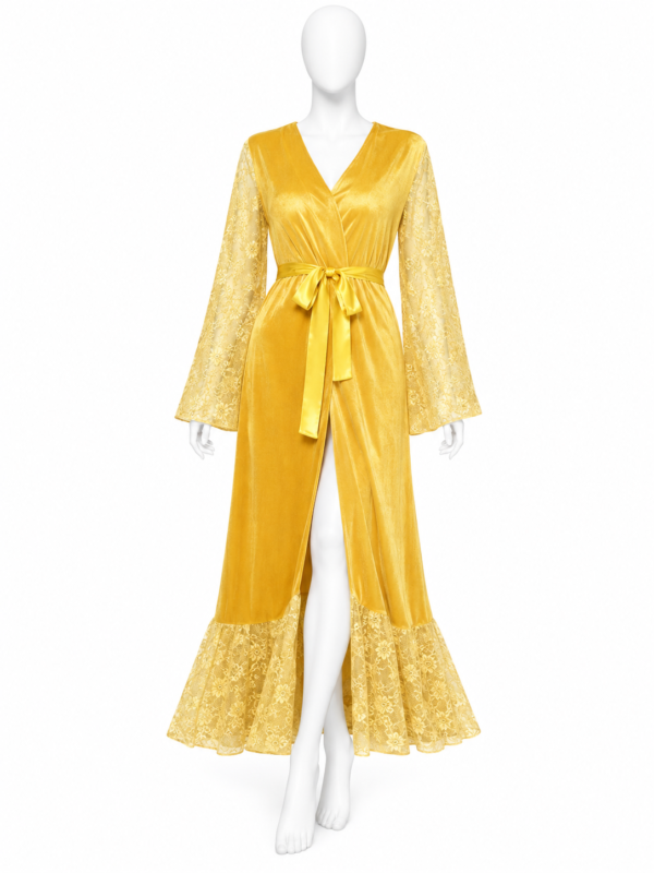 Peignoir Long Jaune Doré Velours & Dentelle Florale Peignoir Long Jaune Doré Velours & Dentelle Florale