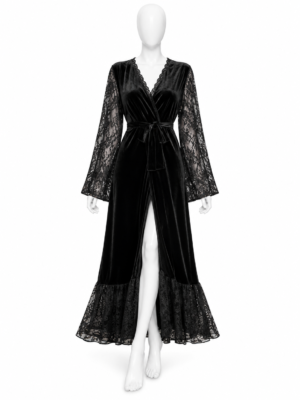 Peignoir Long Noir Velours & Dentelle Florale Peignoir Long Noir Velours & Dentelle Florale