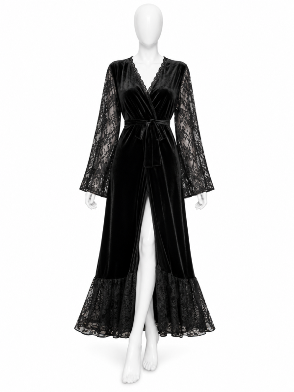 Peignoir Long Noir Velours & Dentelle Florale Peignoir Long Noir Velours & Dentelle Florale