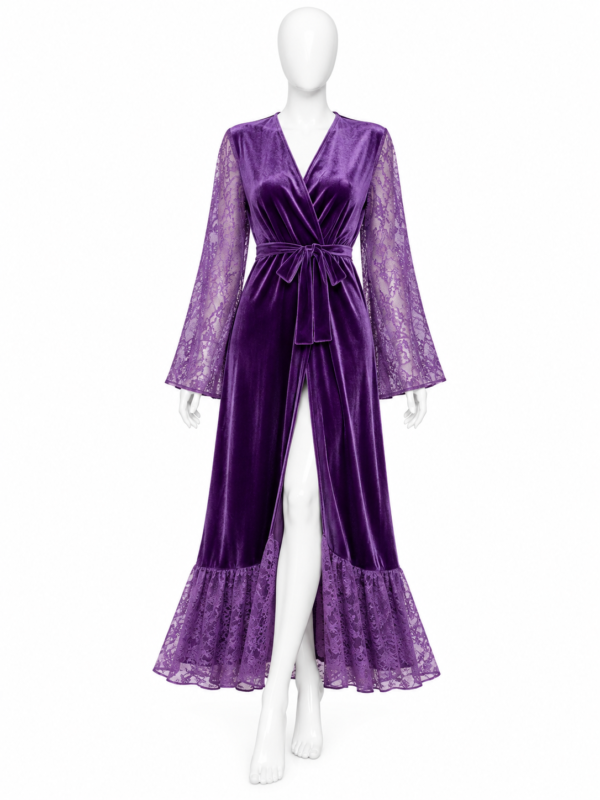 Peignoir Long Violet Royal en Velours et Dentelle