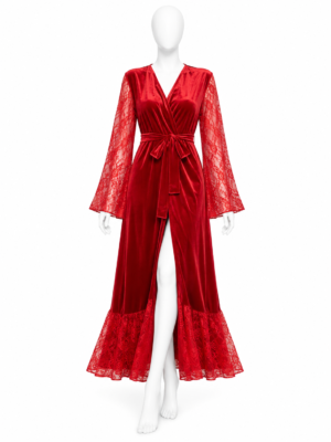 Peignoir Long Rouge Passion en Velours et Dentelle Peignoir Long Rouge Passion en Velours et Dentelle