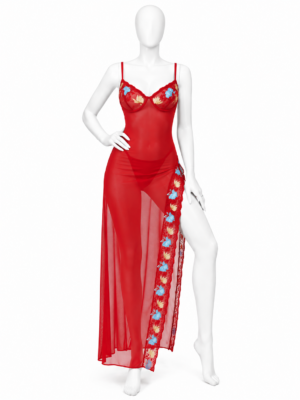 Nuisette Longue Rouge Transparente à Broderies Florales