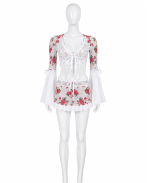 Ensemble de Lingerie Blanc Fleuri à Dentelle & Manches Évasées