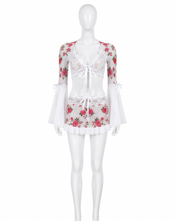 Ensemble de Lingerie Blanc Fleuri à Dentelle & Manches Évasées