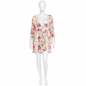 Ensemble de Nuit Jaune Pastel Fleuri avec Peignoir & Nuisette Dentelle