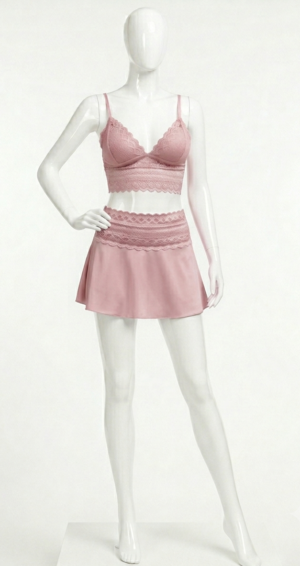 Ensemble de Lingerie Rose Poudré Dentelle & Jupe Fluide