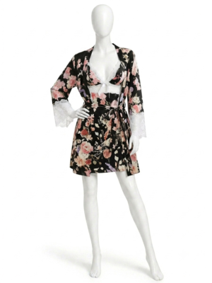 Ensemble de Nuit Noir Fleuri avec Peignoir & Dentelle Blanche