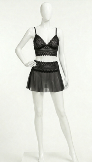 Ensemble de Lingerie Noir Dentelle & Jupe Transparente