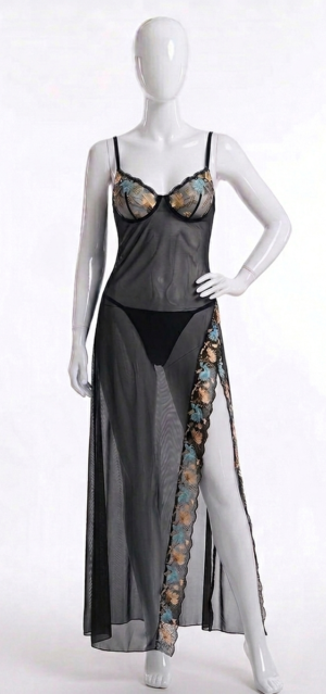 Nuisette Longue Noire Transparente à Broderies Florales