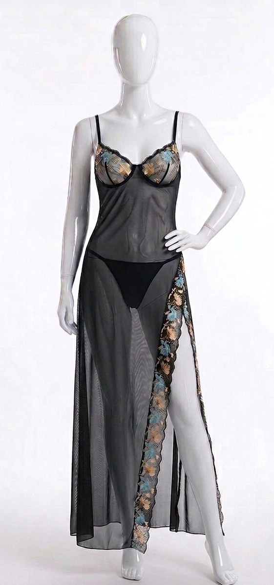 Nuisette Longue Noire Transparente à Broderies Florales