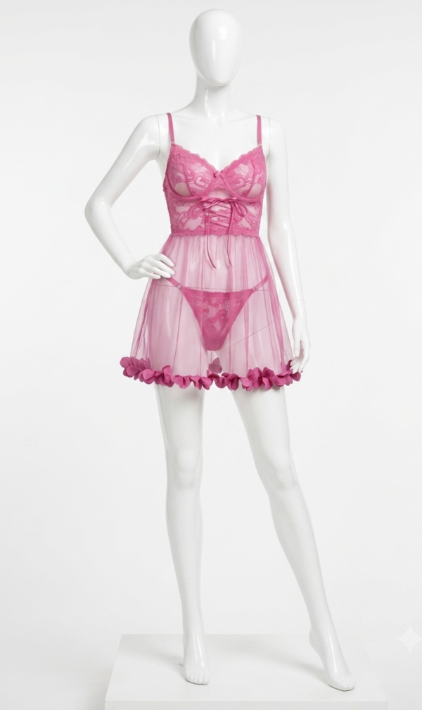 Ensemble Babydoll Rose Tendre en Dentelle Florale