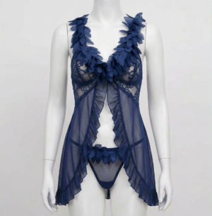 Ensemble Babydoll Bleu Nuit à Dentelle & Pétales 3D