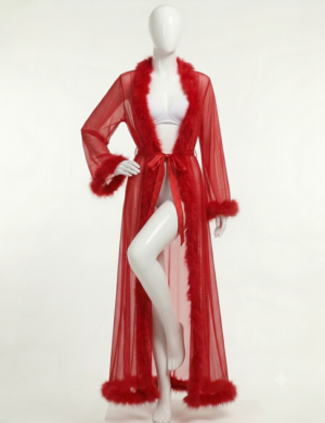 Peignoir Long Rouge Passion en Voile et Plumes