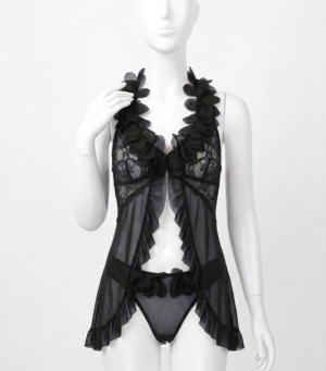 Ensemble Babydoll Noir à Dentelle & Pétales 3D