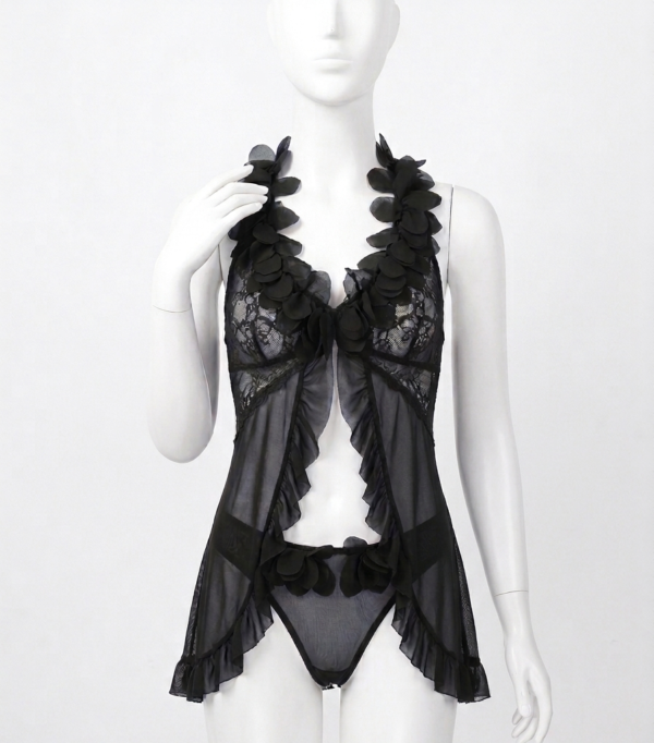 Ensemble Babydoll Noir à Dentelle & Pétales 3D Ensemble Babydoll Noir à Dentelle & Pétales 3D