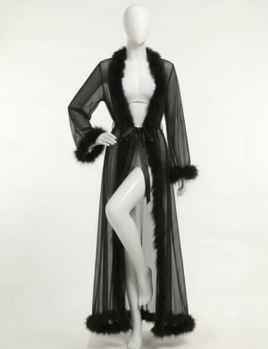 Peignoir Long Noir Glamour en Voile et Plumes Peignoir Long Noir Glamour en Voile et Plumes