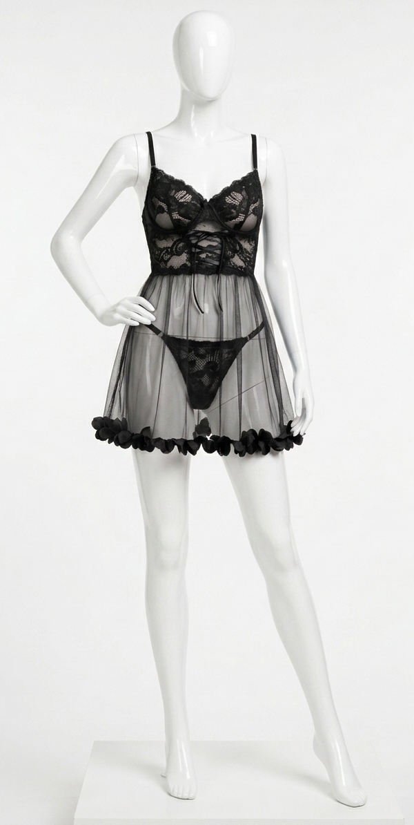 Ensemble Babydoll Noir Transparence Florale Ensemble Babydoll Noir Transparence Florale