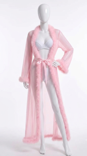 Peignoir Long Rose Poudré en Voile et Plumes Peignoir Long Rose Poudré en Voile et Plumes