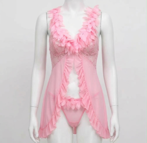 Ensemble Babydoll Rose Poudré à Dentelle & Pétales 3D