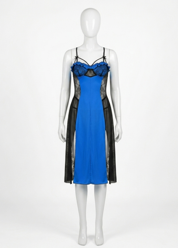 Nuisette Longue Bleu Royal & Noire à Dentelle Transparente