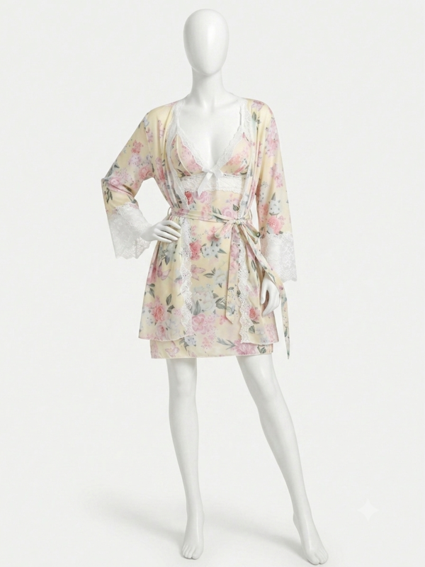 Ensemble de Nuit Fleuri Pastel avec Peignoir & Top Dentelle