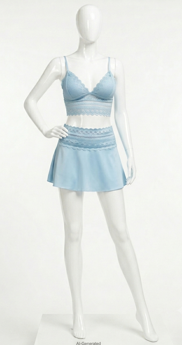 Ensemble de Lingerie Bleu Ciel Dentelle & Jupe Fluide