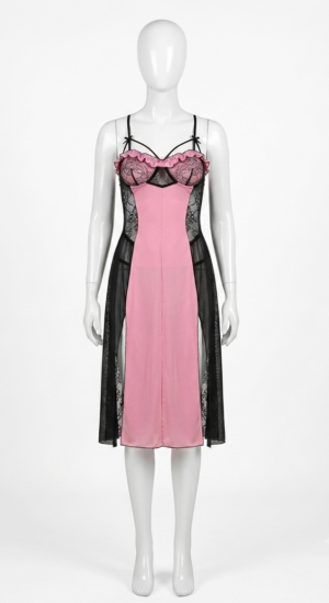 Nuisette Longue Rose & Noire à Dentelle Transparente