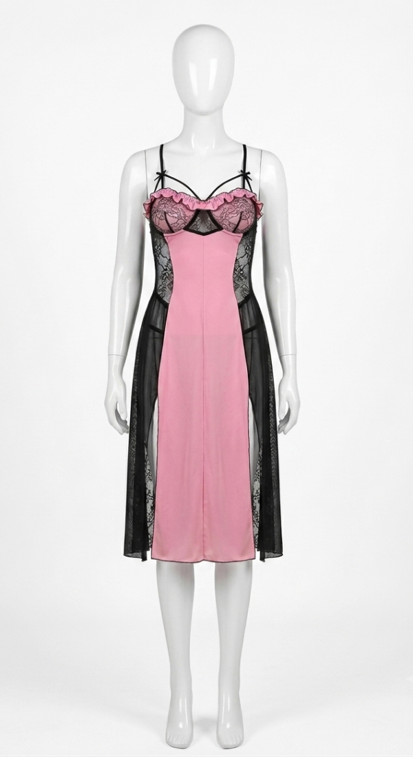 Nuisette Longue Rose & Noire à Dentelle Transparente