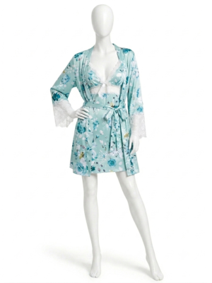 Ensemble de Nuit Bleu Aqua Fleuri avec Peignoir & Top Dentelle