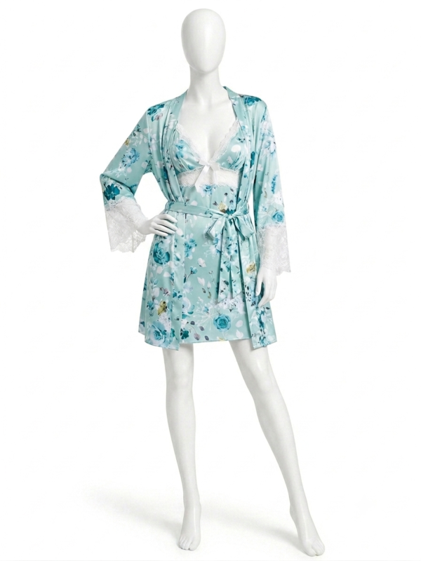 Ensemble de Nuit Bleu Aqua Fleuri avec Peignoir & Top Dentelle