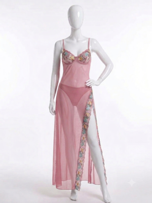 Nuisette Longue Rose Poudré Transparente à Broderies Florales