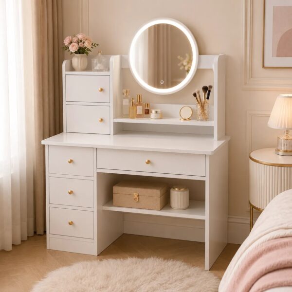 Coiffeuse Blanche avec Miroir LED & Rangements