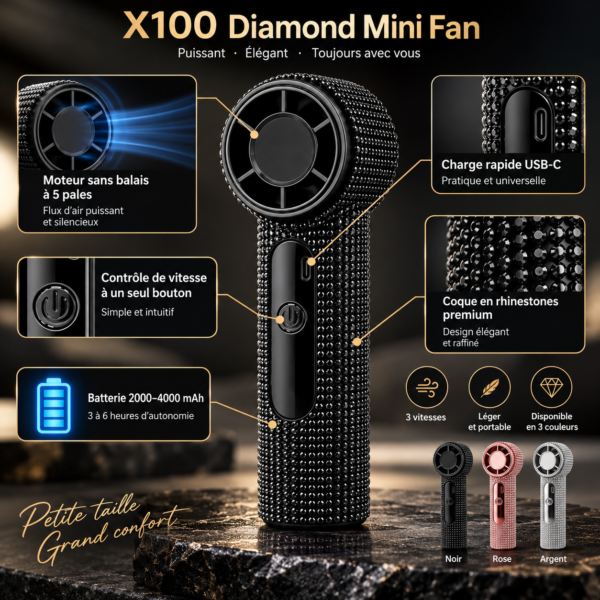 X100 Diamond Mini Fan – Ventilateur portable rechargeable