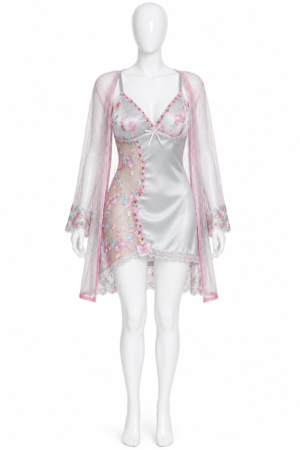 Ensemble Nuisette Satinée Femme avec Kimono Transparent Brodé – 2 Pièces