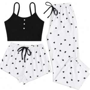 Ensemble Pyjama Femme 3 Pièces à Motifs Cœurs – Débardeur, Short & Pantalon