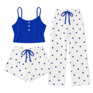 Ensemble Pyjama Femme 3 Pièces à Motifs Cœurs – Débardeur, Short & Pantalon