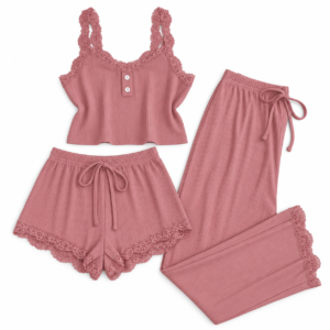 Ensemble Pyjama Femme 3 Pièces Côtelé avec Dentelle – Débardeur, Short & Pantalon