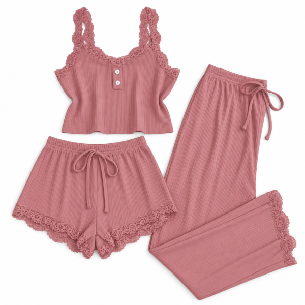 Ensemble Pyjama Femme 3 Pièces Côtelé avec Dentelle – Débardeur, Short & Pantalon
