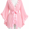 Déshabillé Femme Court avec Ceinture Satinée et Finitions Florales