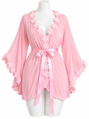 Déshabillé Femme Court avec Ceinture Satinée et Finitions Florales