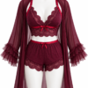 Ensemble Lingerie Femme 3 Pièces en Dentelle avec Kimono – Bordeaux