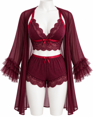 Ensemble Lingerie Femme 3 Pièces en Dentelle avec Kimono – Bordeaux
