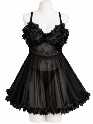 Nuisette Babydoll Femme à Fleurs 3D et Dentelle Transparente