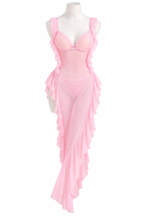 Nuisette Longue  à Volants – Décolleté Dentelle et Fente Asymétrique